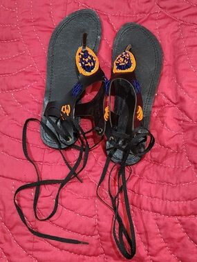 Black Beaded Gladiator Lace-Up Sandals with Orange & Blue Detail